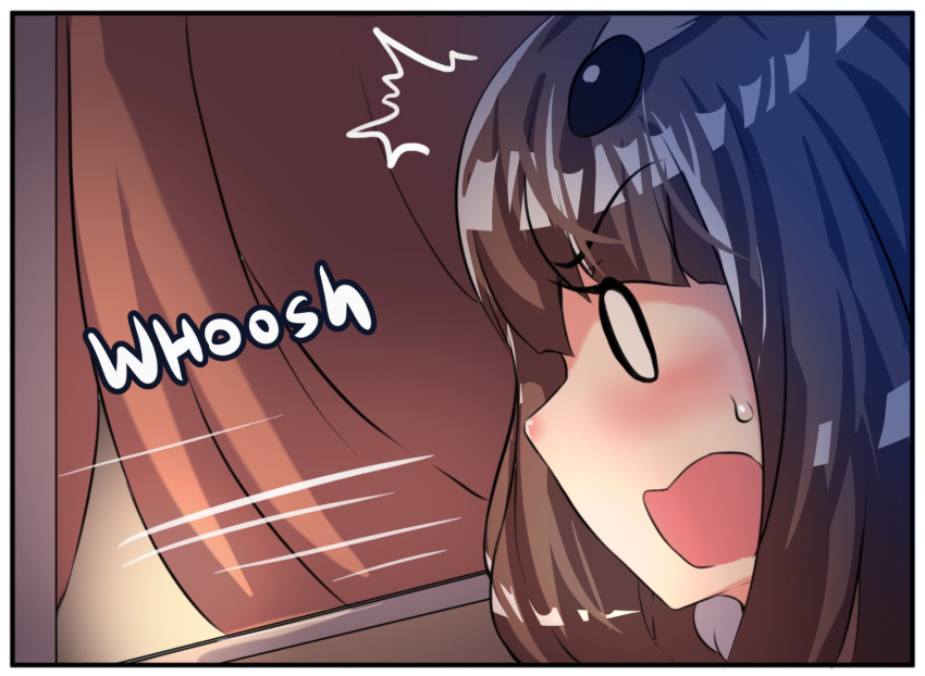 bangs blush brown_hair bug comic eyebrows_visible_through_hair highres hinghoi insect insect_girl long_hair moth moth_girl motion_lines open_mouth original personification sidelocks solo speech_bubble surprised sweatdrop window window_shade