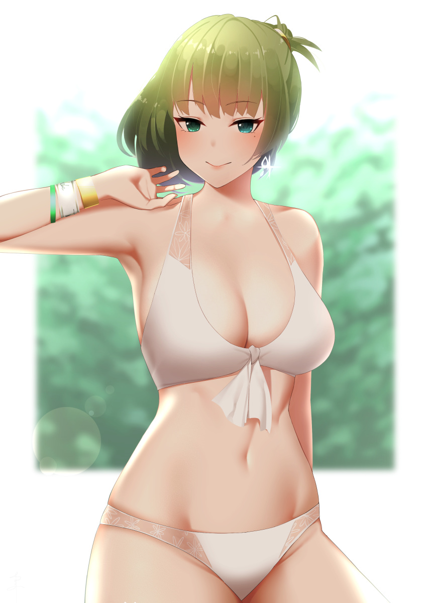 absurdres bangs bare_shoulders bikini blue_eyes blurry blurry_background blush border bracelet breasts cleavage closed_mouth collarbone commentary_request earrings eyebrows_visible_through_hair green_eyes green_hair heterochromia highres hips idolmaster idolmaster_cinderella_girls jewelry large_breasts looking_at_viewer mole mole_under_eye navel senju_(snz0) short_hair short_ponytail smile solo swimsuit takagaki_kaede tied_hair white_bikini white_border