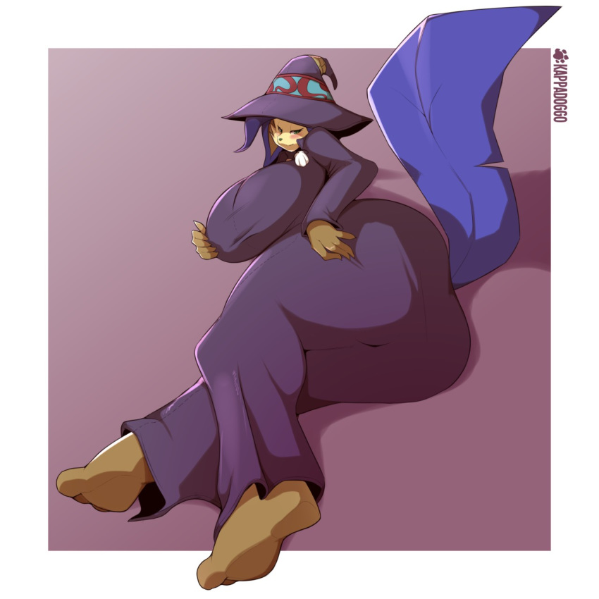 2018 anthro big_breasts big_butt blush breasts butt clothed clothing digital_media_(artwork) eeveelution female hat jewelry kappadoggo leafeon looking_at_viewer looking_back lying magic_user mammal necklace nintendo on_side pok&eacute;mon pok&eacute;mon_(species) rain_(purplebird) robe seashell simple_background smile solo thick_thighs video_games voluptuous wide_hips witch_hat