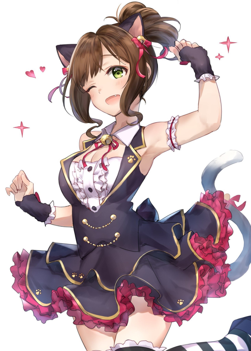 animal_ears arm_garter bangs bare_shoulders bell black_dress blush breasts brown_hair cat_ears cat_tail center_frills cleavage commentary_request costume double-breasted dress fang frills gold_trim green_eyes hair_ribbon heart highres idol idolmaster idolmaster_cinderella_girls jingle_bell large_breasts leg_up looking_at_viewer maekawa_miku one_eye_closed open_mouth ponytail red_ribbon ribbon short_hair simple_background smile solo sparkle striped striped_legwear tail takeashiro thighs white_background wrist_cuffs