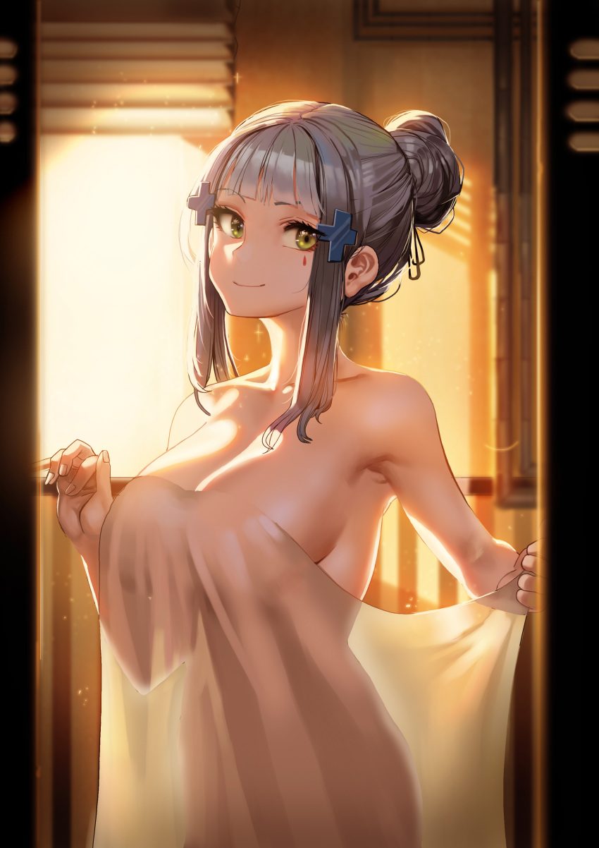 absurdres bangs blunt_bangs blush breasts cleavage closed_mouth commentary_request facial_mark girls_frontline green_eyes hair_bun hair_ornament hair_ribbon hand_up highres hk416_(girls_frontline) holding holding_towel ihobus indoors light_particles long_hair looking_at_viewer medium_breasts naked_towel ribbon see-through_silhouette sidelocks silver_hair smile solo sunset teardrop towel very_long_hair