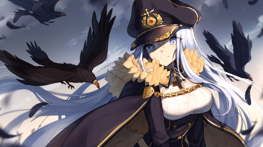 animal bangs bird bison_cangshu black_cape black_feathers black_hat black_skirt blue_eyes blue_sky breasts cape chain closed_mouth cloud collared_shirt commentary day feathers fur-trimmed_cape fur_trim hair_between_eyes hat head_tilt high-waist_skirt highres iron_cross long_hair long_sleeves medium_breasts military_hat outdoors peaked_cap shirt silver_hair skirt sky smile solo ulrich_von_hutten_(zhan_jian_shao_nyu) very_long_hair white_shirt zhan_jian_shao_nyu