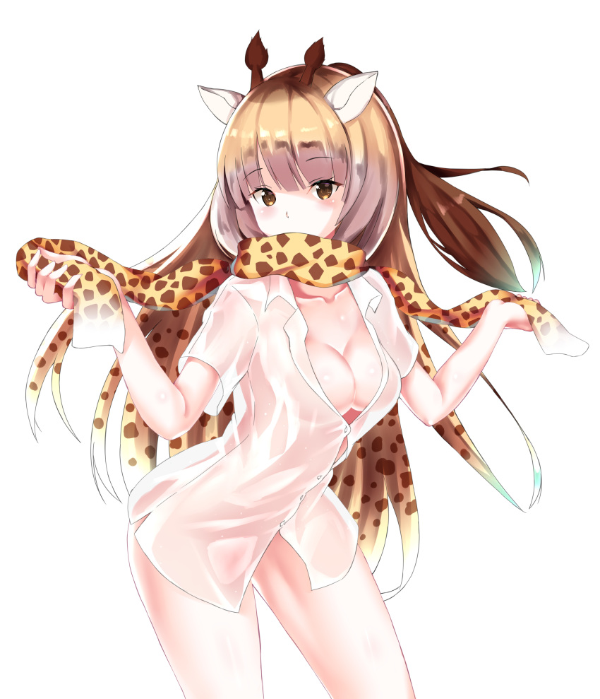 absurdres animal_ears breasts brown_eyes brown_hair cleavage collared_shirt covered_mouth dress_shirt giraffe_ears giraffe_girl giraffe_horns giraffe_print gradient_hair hair_spread_out hands_up highres kemono_friends leaning_forward long_hair looking_at_viewer medium_breasts multicolored_hair naked_shirt open_clothes open_shirt pikunoma print_scarf reticulated_giraffe_(kemono_friends) scarf see-through shirt short_sleeves simple_background solo very_long_hair white_background white_hair white_shirt yellow_scarf