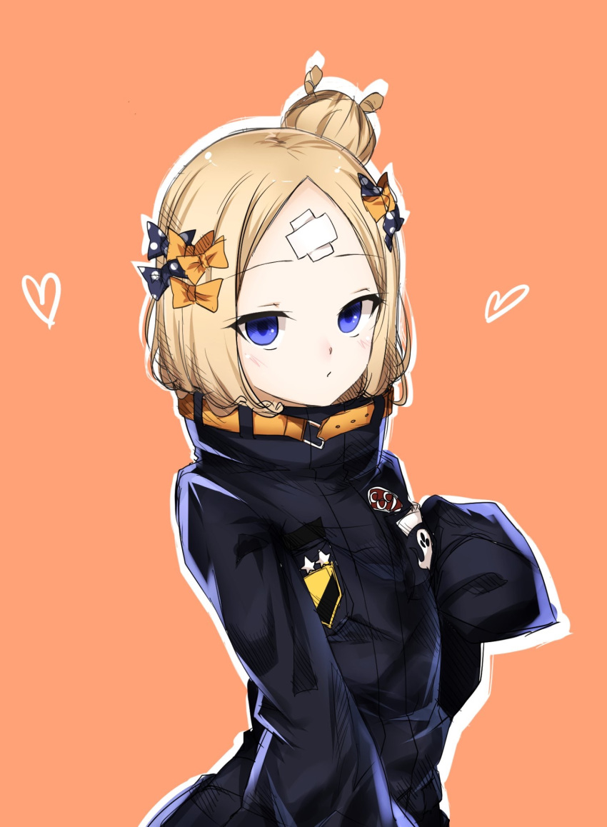 abigail_williams_(fate/grand_order) bangs black_bow black_jacket blonde_hair blue_eyes blush bow brown_background closed_mouth commentary_request crossed_bandaids eyebrows_visible_through_hair fate/grand_order fate_(series) hair_bow hair_bun hand_up heart heroic_spirit_traveling_outfit highres jacket koro_(tyunnkoro0902) long_hair long_sleeves looking_at_viewer orange_bow outline parted_bangs polka_dot polka_dot_bow sleeves_past_fingers sleeves_past_wrists solo star white_outline