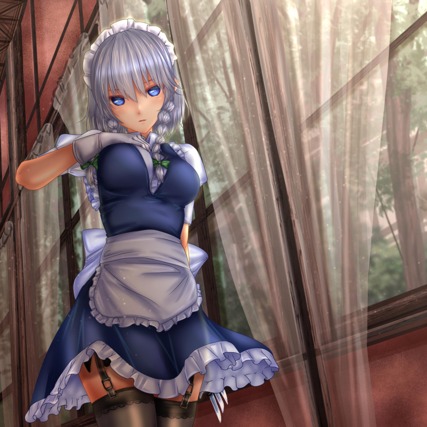 apron bangs black_legwear blue_dress blue_eyes bow braid breasts commentary_request cowboy_shot curtains dress eyebrows_visible_through_hair frilled_apron frills garter_straps gloves green_bow hair_between_eyes hair_bow hand_on_own_chest head_tilt highres holding holding_knife holding_weapon indoors izayoi_sakuya knife knives_between_fingers light_particles looking_at_viewer maid maid_apron maid_headdress medium_breasts parted_lips petticoat puffy_short_sleeves puffy_sleeves shirt short_hair short_sleeves shounen_(hogehoge) silver_hair solo standing thighhighs thighs touhou tree twin_braids waist_apron weapon white_apron white_gloves white_shirt window wing_collar zettai_ryouiki