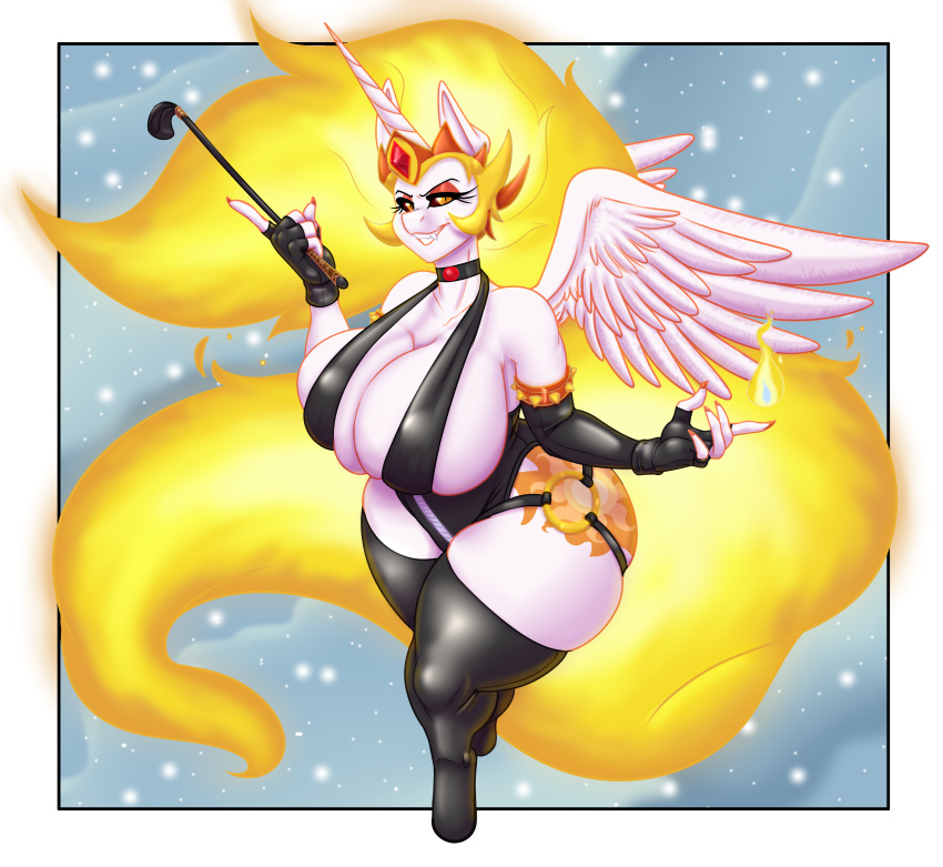 2018 absurd_res amber_eyes anthro big_breasts blues64 breasts cleavage clothed clothing collar crown daybreaker_(mlp) equine eyeshadow fangs female fingerless_gloves fire friendship_is_magic gloves hi_res horn legwear makeup mammal mr.pink my_little_pony riding_crop rubber slit_pupils solo stockings thick_thighs whip winged_unicorn wings