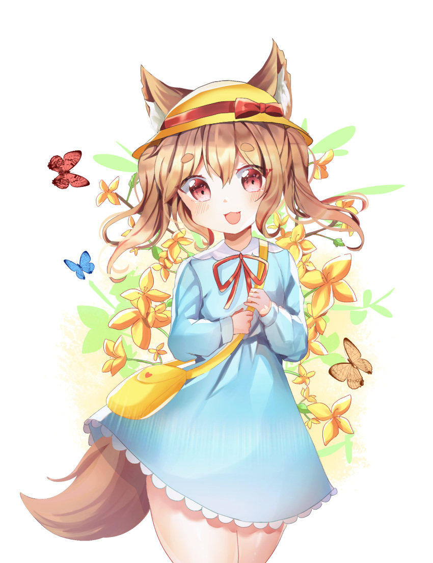 :d animal_ear_fluff animal_ears bad_id bad_pixiv_id bag bangs blue_dress blush bow bug butterfly cowboy_shot dress eyebrows_visible_through_hair fang flower hair_between_eyes hat hat_bow head_tilt highres insect kindergarten_bag kindergarten_uniform light_brown_hair long_hair long_sleeves looking_at_viewer miyo_(user_zdsp7735) neck_ribbon open_mouth original puffy_long_sleeves puffy_sleeves red_bow red_ribbon ribbon school_hat short_eyebrows shoulder_bag smile solo tail thick_eyebrows white_background yellow_flower yellow_hat