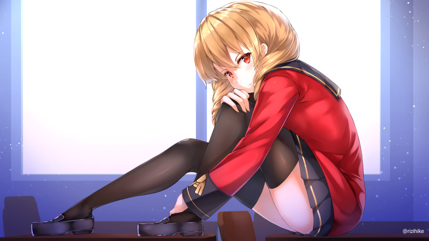 blonde_hair classroom clip_studio_paint commentary commission desk drill_hair erika_wagner flats highres long_hair red_eyes rizihike school_desk sitting sitting_on_object skirt solo stretch thick_thighs thighhighs thighs twin_drills twintails under_night_in-birth under_night_in-birth_exe:late[st] uniform window