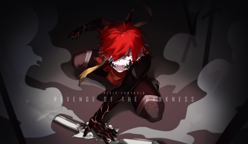 commentary_request eyebrows_visible_through_hair fangs highres male_focus melting molten_rock open_mouth pixiv_fantasia pixiv_fantasia_revenge_of_the_darkness red_eyes red_hair shuai steam torn_clothes weapon