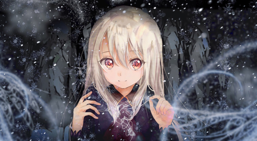 fate/stay_night fate_(series) flemare0224 hair_between_eyes highres illyasviel_von_einzbern long_hair purple_shirt red_eyes shirt silver_hair smile snowflakes snowing solo upper_body