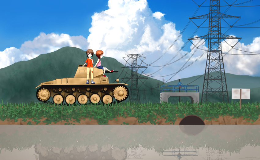 brown_eyes brown_hair caterpillar_tracks cloud commentary_request day eating food girls_und_panzer grass ground_vehicle marikichi military military_vehicle motor_vehicle mountain multiple_girls nishizumi_maho nishizumi_miho pants panzerkampfwagen_ii popsicle river shirt shoes short_hair sky smile tank tank_top water younger