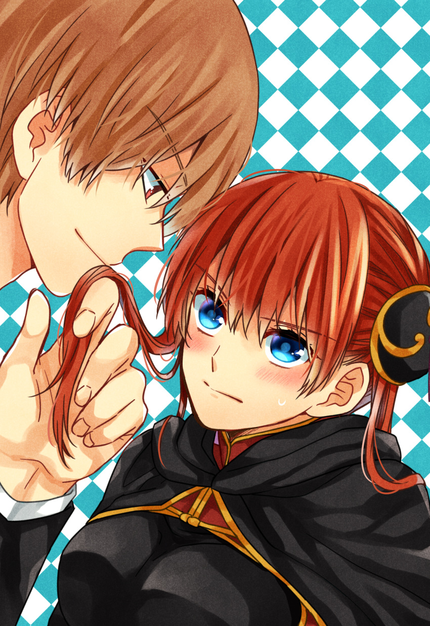 1girl black_cape blue_eyes breasts brown_hair cape checkered checkered_background couple eye_contact eyebrows_visible_through_hair gintama hair_between_eyes hair_ornament highres holding_another's_hair kagura_(gintama) looking_at_another medium_breasts mutospectacle okita_sougo red_eyes short_hair sweatdrop twintails