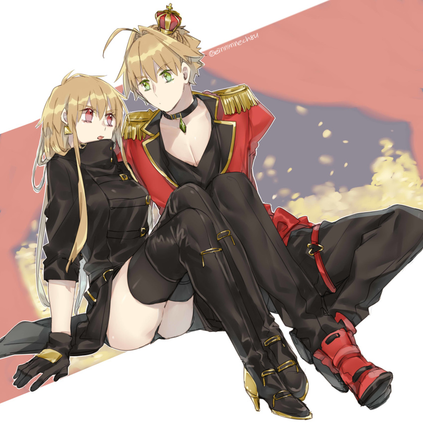1girl 88_(einnimnech) arm_support black_footwear black_gloves black_legwear black_panties black_pants blonde_hair boots collar crown dutch_angle earrings eye_contact fate/extra fate/grand_order fate_(series) full_body gem genderswap genderswap_(ftm) genderswap_(mtf) gilgamesh gilgamesh_in_ny gloves green_eyes high_heel_boots high_heels highres jewelry long_hair looking_at_another mini_crown nero_claudius_(fate) nero_claudius_(fate)_(all) open_mouth panties pants red_eyes red_footwear return_match shiny shiny_hair sitting thigh_boots thighhighs underwear