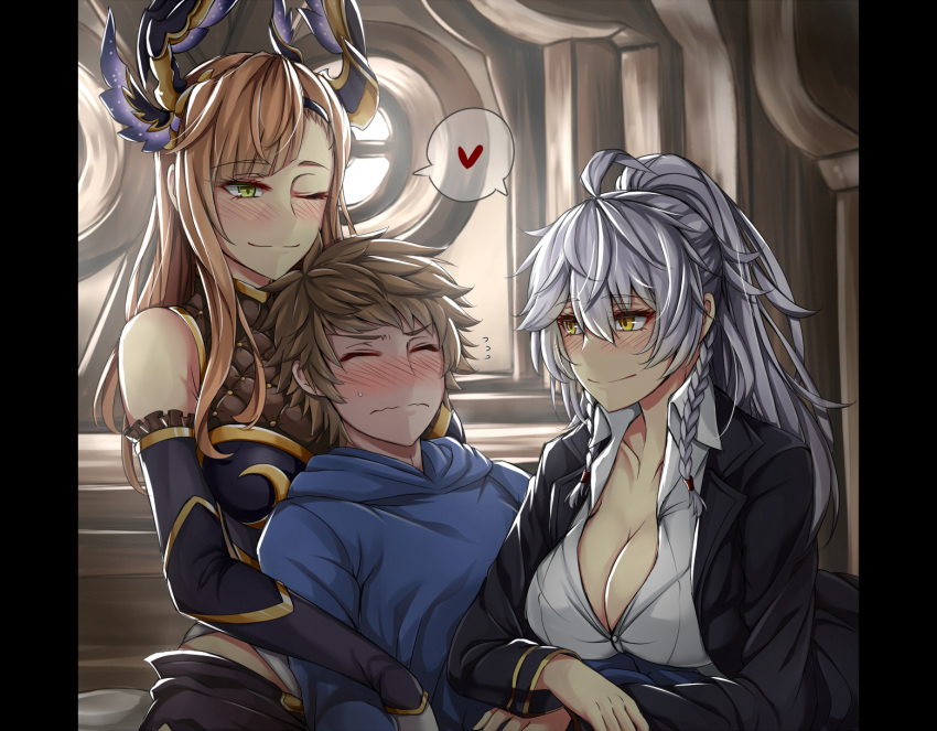 2girls ;) ahoge bare_shoulders blush braid breasts brown_hair cleavage closed_eyes collarbone commentary detached_sleeves embarrassed eyebrows_visible_through_hair girl_sandwich gran_(granblue_fantasy) granblue_fantasy green_eyes hair_between_eyes heart hetero highres indoors large_breasts long_hair looking_at_another multiple_girls nose_blush one_eye_closed pillarboxed ponytail sandwiched sanmotogoroo silva_(granblue_fantasy) silver_hair smile song_(granblue_fantasy) spoken_heart twin_braids wavy_mouth yellow_eyes