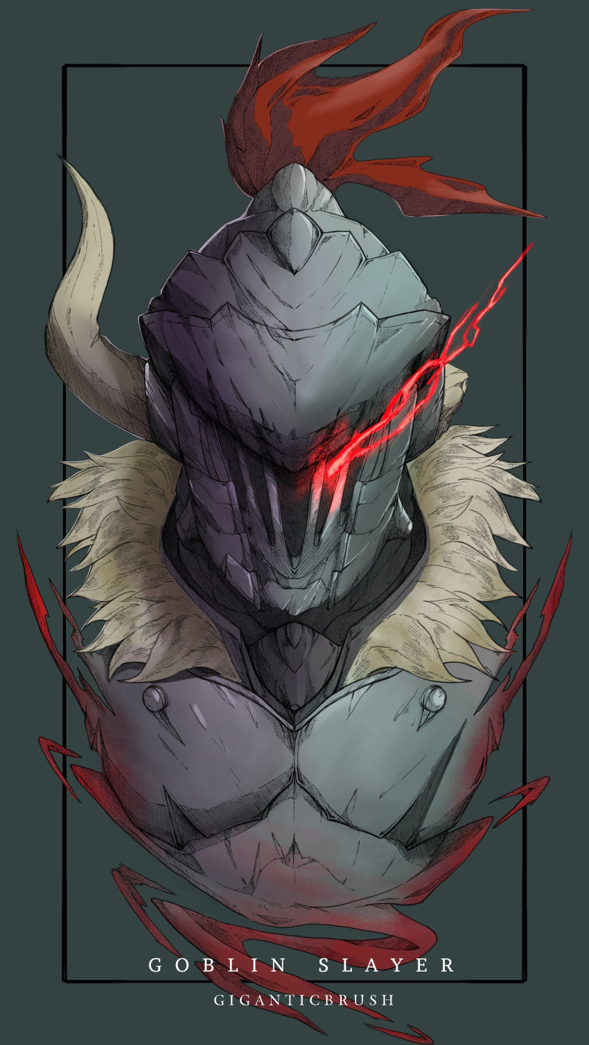 absurdres anthonyray-0510 armor character_name commentary full_armor fur_collar glowing glowing_eye goblin_slayer goblin_slayer! helmet highres knight looking_at_viewer plume solo upper_body