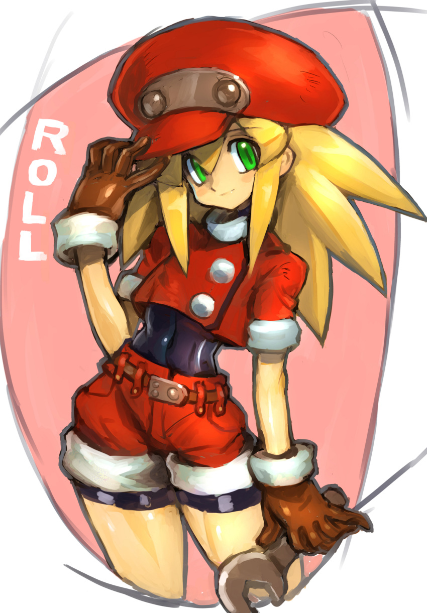 absurdres adjusting_clothes adjusting_hat belt bike_shorts bike_shorts_under_shorts blonde_hair blush brown_gloves cabbie_hat capcom character_name commentary cowboy_shot dakusuta gloves green_eyes hair_between_eyes hat head_tilt highres holding_wrench long_hair mechanic red_hat red_shorts rockman rockman_dash roll_caskett short_shorts short_sleeves shorts sidelocks smile solo wrench