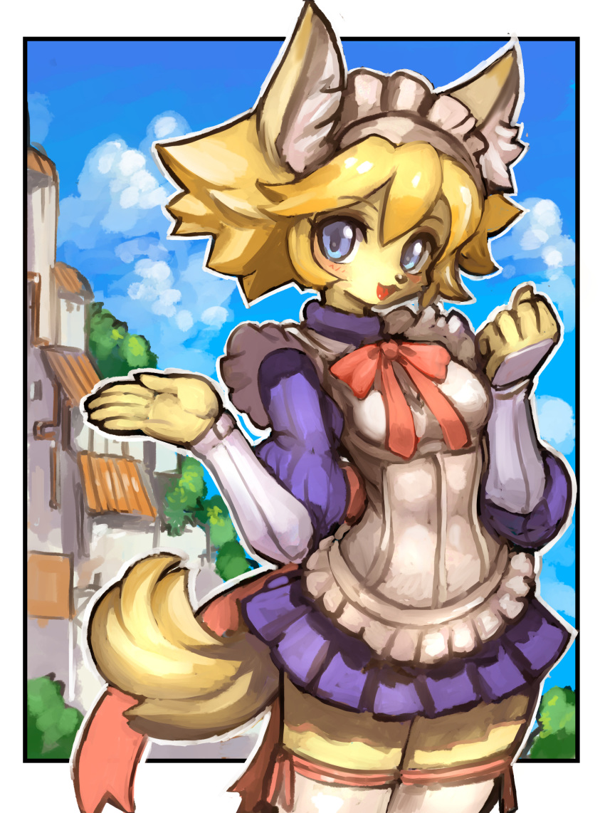 animal_ears apron bangs blonde_hair blue_eyes blush bow breasts character_request cloud commentary_request dakusuta day dog_ears dog_tail flo_(solatorobo) frilled_apron frills furry hair_between_eyes highres long_sleeves looking_at_viewer maid maid_headdress open_mouth outdoors outside_border puffy_sleeves ribbon short_hair skirt sky smile solatorobo solo tail thighhighs zettai_ryouiki