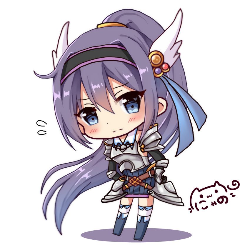 absurdly_long_hair bangs black_gloves black_hairband blue_eyes blue_footwear blush boots breastplate chibi closed_mouth commentary elbow_gloves eyebrows_visible_through_hair flying_sweatdrops gauntlets gloves hair_between_eyes hair_ornament hairband head_tilt head_wings heart heart_in_eye high_ponytail highres knee_boots leaning_to_the_side long_hair looking_at_viewer mifuyu_(princess_connect!) nyano21 ponytail princess_connect! princess_connect!_re:dive purple_hair shadow signature solo symbol_in_eye thighhighs thighhighs_under_boots very_long_hair white_background white_legwear white_wings wings