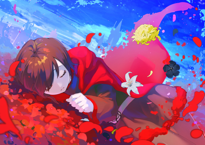 absurdres black_flower blue_sky brown_hair cape castle chrysanthemum closed_eyes day dress dutch_angle flower geranium highres hikari50503 lily_(flower) lying on_side pale_skin pantyhose petals red_cape rose rose_petals ruby_rose rwby sky sleeping solo white_flower yellow_flower