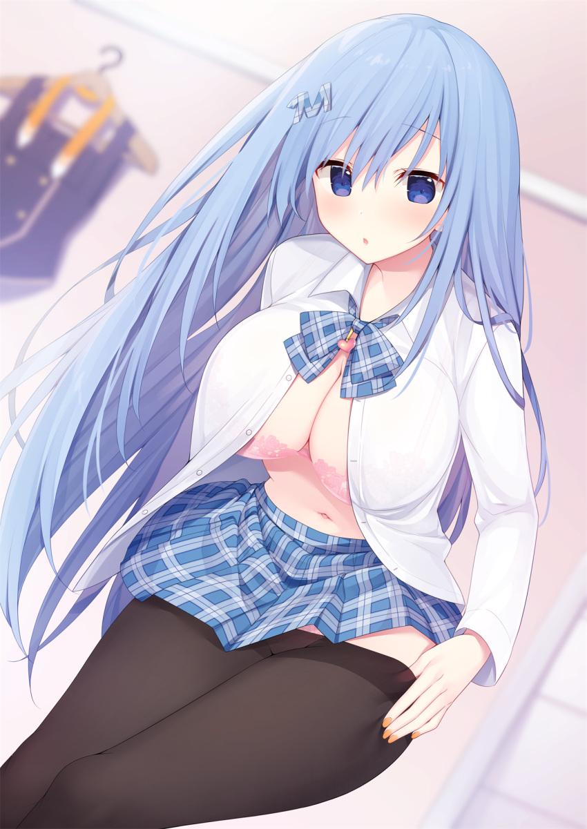 :o black_legwear blue_bow blue_eyes blue_hair blue_neckwear blue_skirt blurry blush bow bowtie bra breasts cleavage clothes_hanger collared_shirt depth_of_field dress_shirt dutch_angle emori_miku emori_miku_project eyebrows_visible_through_hair hair_ornament hairclip heart highres indoors lace lace-trimmed_bra large_breasts leaning_forward legs_together long_hair long_sleeves looking_at_viewer miko_92 nail_polish navel official_art open_clothes open_shirt orange_nails panties panties_under_pantyhose pantyhose parted_lips pink_bra pink_panties plaid plaid_bow plaid_hair_ornament plaid_neckwear plaid_skirt pleated_skirt school_uniform see-through shirt skirt solo standing unbuttoned unbuttoned_shirt underwear undressing very_long_hair white_shirt wing_collar