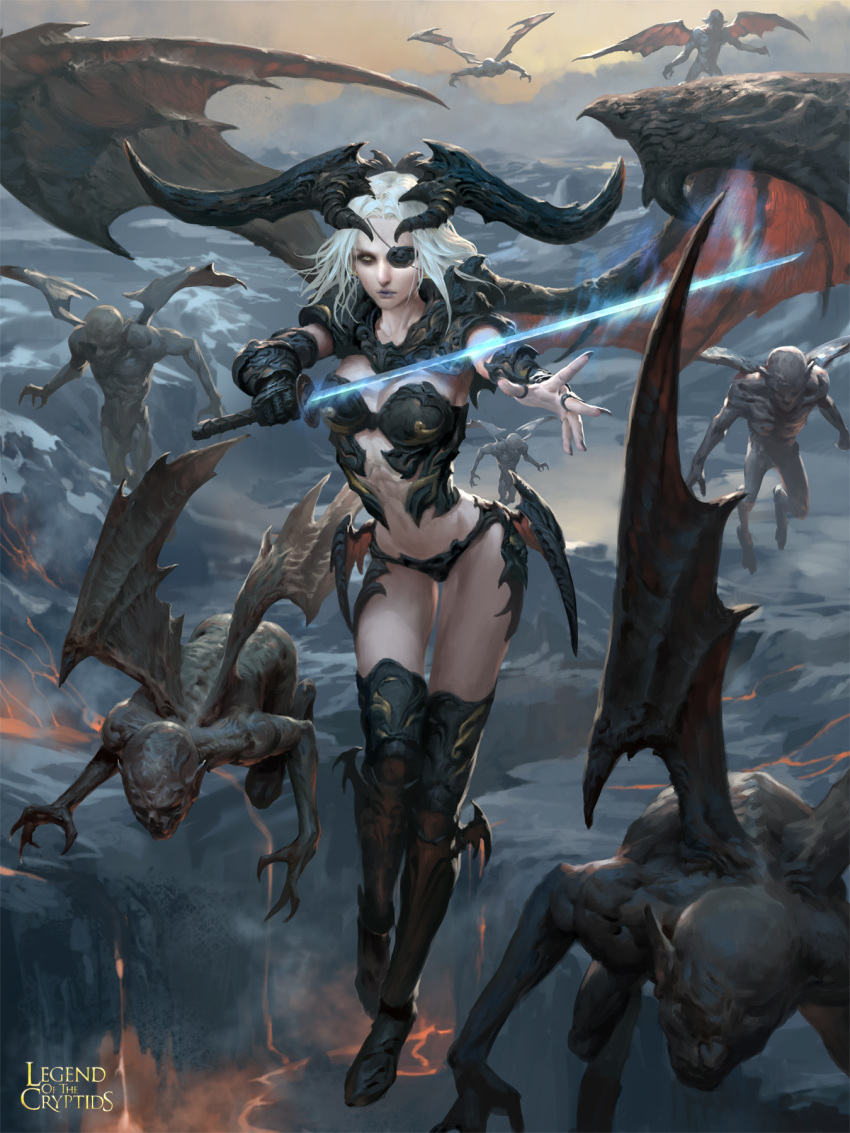 armor armored_boots bat_wings boots breasts center_opening cleavage copyright_name demon eyepatch faceless faceless_male highres horns legend_of_the_cryptids lipstick lius_lasahido makeup midriff navel official_art pointy_ears sky solo_focus sword weapon white_hair wings yellow_eyes