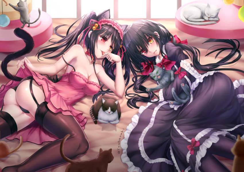 animal_ears artist_name ass asymmetrical_hair bare_shoulders bell belt_collar black_dress black_hair black_legwear black_panties blush breasts cameltoe cat cat_ears cat_girl cat_tail cleavage clock_eyes commentary_request covered_navel covered_nipples date_a_live dress dress_lift dual_persona finger_licking frilled_dress frills garter_straps hair_between_eyes hair_ribbon hairband heterochromia highres holding holding_cat indoors licking lifted_by_self lolita_hairband long_hair looking_at_another looking_at_viewer lying medium_breasts on_side open_mouth panties red_dress red_eyes red_ribbon ribbon skin_tight sleeveless sleeveless_dress smile spaghetti_strap strap_slip symbol-shaped_pupils tail thighhighs thighs tokisaki_kurumi tsubasaki twintails underwear very_long_hair yellow_eyes