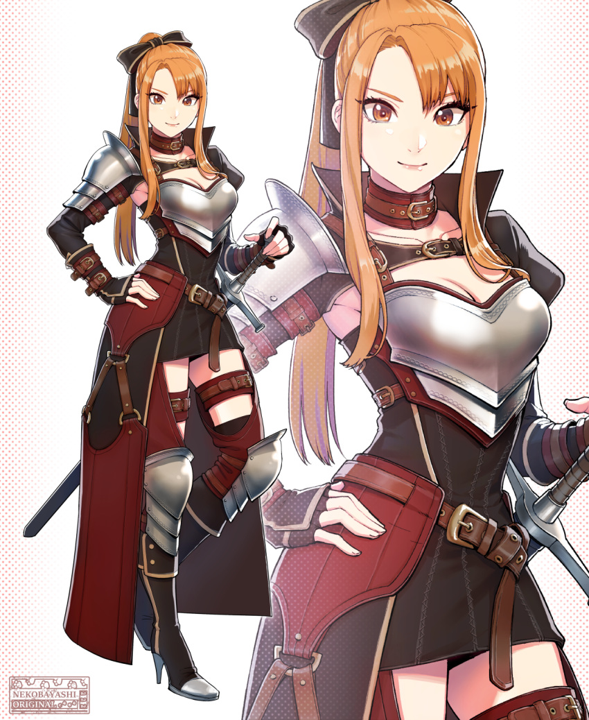 arm_belt armored_boots bangs belt black_bow black_dress boots bow breastplate breasts cleavage collar dress fingerless_gloves gloves hair_bow hand_on_hip high_heel_boots high_heels highres knee_boots knight long_hair looking_at_viewer multiple_belts nekobayashi_(nekoforest) orange_eyes orange_hair original ponytail sheath sheathed short_dress shrug_(clothing) sidelocks small_breasts smile solo standing standing_on_one_leg sword weapon zoom_layer