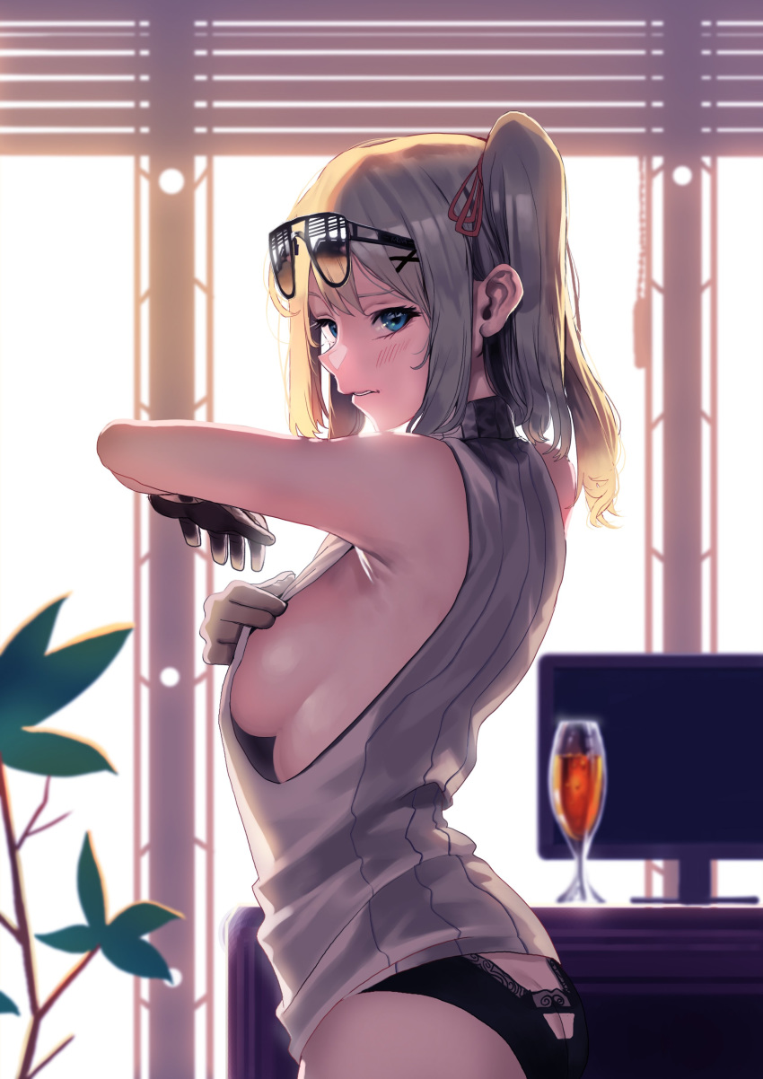 absurdres adjusting_clothes armpits ass backlighting blinds blonde_hair blue_eyes blurry blurry_background blush breasts butt_crack commentary_request eyebrows_visible_through_hair eyewear_on_head girls_frontline gloves hair_between_eyes hair_ornament hair_ribbon highres ihobus indoors kalina_(girls_frontline) large_breasts lingerie long_hair looking_at_viewer parted_lips red_ribbon ribbed_sweater ribbon screen side_ponytail sideboob solo sunglasses sunset sweater sweater_vest turtleneck turtleneck_sweater underwear window