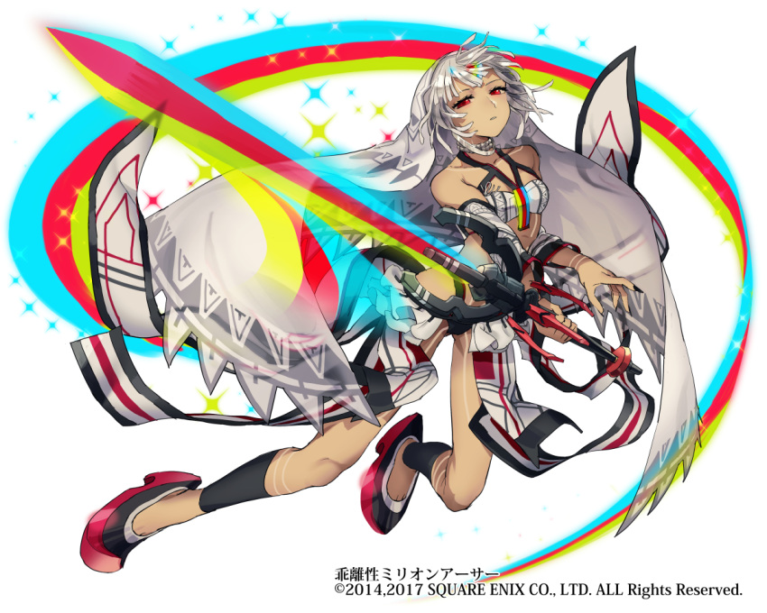 akka altera_(fate) bangs bare_shoulders black_nails blunt_bangs breasts choker collarbone commentary_request dark_skin detached_sleeves fate/grand_order fate_(series) fighting_stance full_body full_body_tattoo headdress holding holding_sword holding_weapon jewelry legs nail_polish photon_ray red_eyes red_footwear revealing_clothes short_hair small_breasts socks solo sword tan tattoo thighs veil weapon white_hair