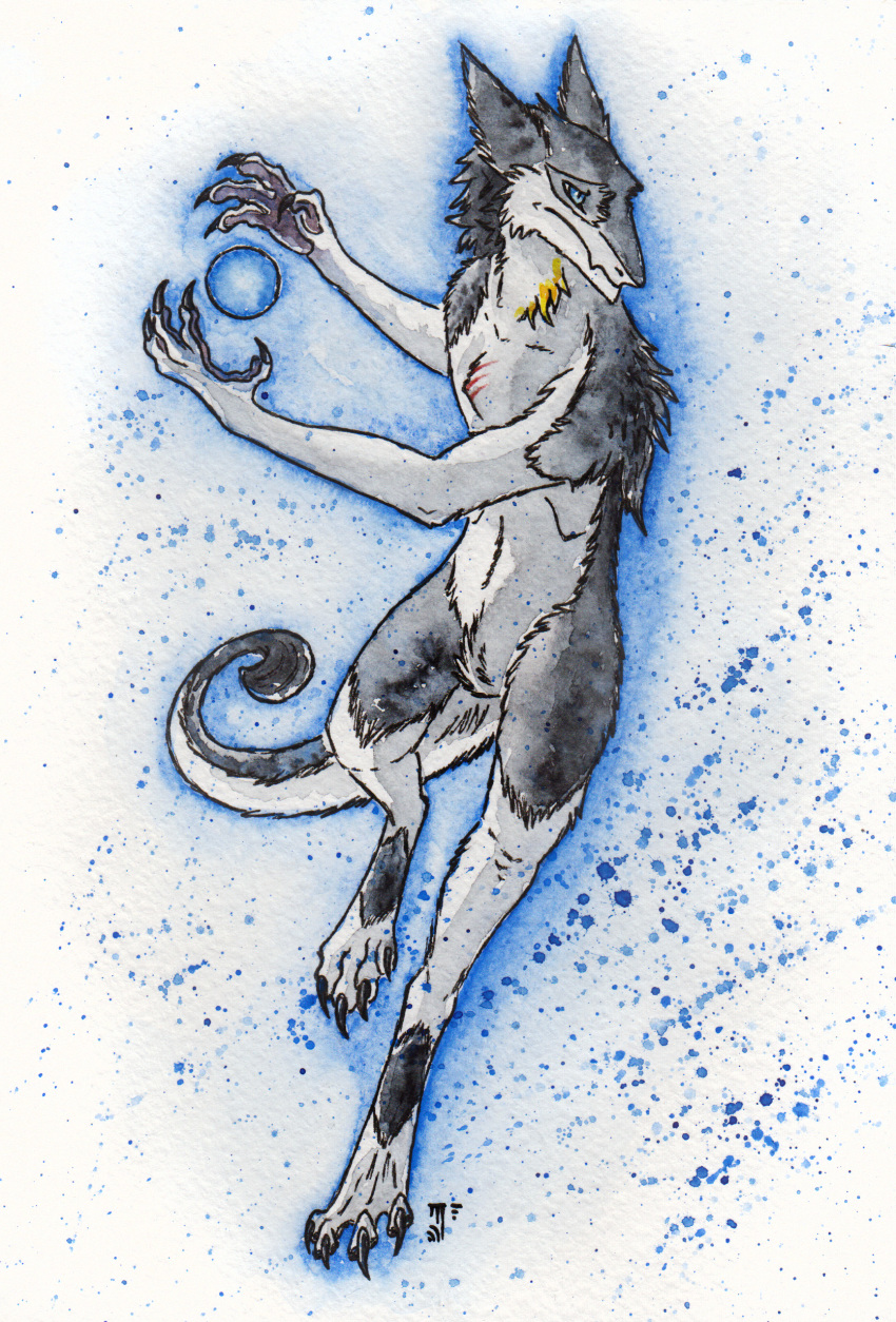 2018 4_fingers 4_toes abstract_background action_pose angry anthro attack biped blue_background blue_eyes claws countershading crotch_tuft detailed digitigrade dipstick_tail dotted_background energy_ball featureless_crotch fighting_stance frown full-length_portrait fur grey_fur hi_res holding_object keel kel kshanti leaning looking_aside male mammal mane markings multicolored_tail nude pattern_background pawpads paws portrait pose running scar sergal serious shoulder_tuft signature simple_background snout solo tail_tuft tan_fur three-quarter_view toe_claws toes traditional_media_(artwork) tuft vilous_universe watercolor_(artwork) white_background yellow_markings