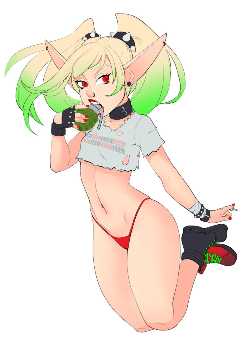 ankle_boots black_gloves blonde_hair boots bracelet clothes_writing collar commentary crop_top ear_piercing explosive eyelashes eyeliner fangs fingerless_gloves flat_chest full_body gloves gradient_hair green_hair greenmarine grenade grenade_pin highleg highleg_panties highres jeanne_(greenmarine) jewelry jumping legs_together lipstick long_hair makeup multicolored_hair nail_polish navel navel_piercing no_pants nose nose_piercing nose_ring original panties petite piercing pointy_ears profanity red_eyes red_nails red_panties shirt single_glove solo spiked_bracelet spikes torn_clothes torn_shirt twintails underwear vampire white_background