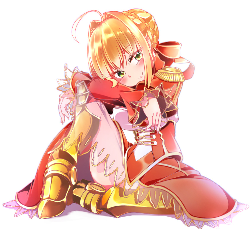 ahoge armored_boots bangs blonde_hair blush boots braid breasts closed_mouth dress epaulettes eyebrows_visible_through_hair eyes_visible_through_hair fate/extra fate_(series) french_braid full_body gokuu_(acoloredpencil) green_eyes hair_bun hair_intakes hair_ribbon highres juliet_sleeves long_sleeves medium_breasts nero_claudius_(fate) nero_claudius_(fate)_(all) puffy_sleeves red_dress red_ribbon ribbon see-through shadow short_hair simple_background sitting smile solo white_background
