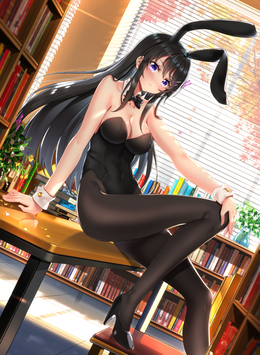 animal_ears arm_support autumn autumn_leaves backlighting bangs bare_arms bare_shoulders black_footwear black_hair black_legwear black_leotard black_neckwear blinds blush book bookshelf bow bowtie breasts bunny_ears bunnysuit chair cleavage closed_mouth collarbone commentary_request covered_navel day detached_collar dutch_angle eyebrows_visible_through_hair fingernails flower hair_between_eyes hand_on_own_knee head_tilt high_heels highleg highleg_leotard highres indoors legs leotard library light_frown long_hair long_legs looking_at_viewer looking_to_the_side medium_breasts on_table pantyhose petals purple_eyes purple_flower reflection sakurajima_mai seishun_buta_yarou shoes sidelocks sitting solo strapless strapless_leotard sunlight swordsouls table tile_floor tiles transparent tree unaligned_ears vase very_long_hair white_collar white_flower window wing_collar wrist_cuffs yellow_flower