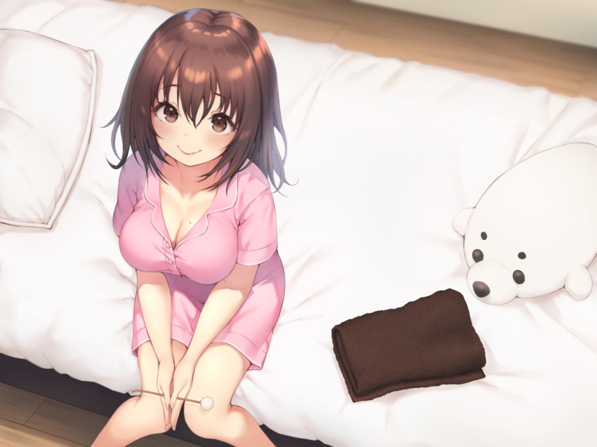 bed breasts brown_eyes brown_hair cleavage no_bra original pajama pokachu short_hair