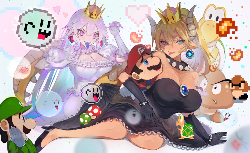 2boys 2girls big_nose black_dress black_gloves blonde_hair blue_earrings blue_eyes boo borrowed_design bowsette bracelet breasts choker collar commentary_request crown dress earrings elbow_gloves eyebrows_visible_through_hair facial_hair fangs fire frilled_collar frilled_gloves frills ghost gloves goomba hat heart highres horns jewelry koopa_troopa large_breasts looking_at_another luigi luigi's_mansion lying mario mario_(series) multiple_boys multiple_girls mustache natsume-same new_super_mario_bros._u_deluxe on_side pale_skin pixelated pointy_ears ponytail princess_king_boo puffy_short_sleeves puffy_sleeves purple_eyes sharp_teeth shell short_sleeves smile spiked_bracelet spiked_choker spiked_tail spikes strapless strapless_dress super_crown super_mario_bros. tail teeth tongue tongue_out transparent turtle_shell white_dress white_gloves white_hair