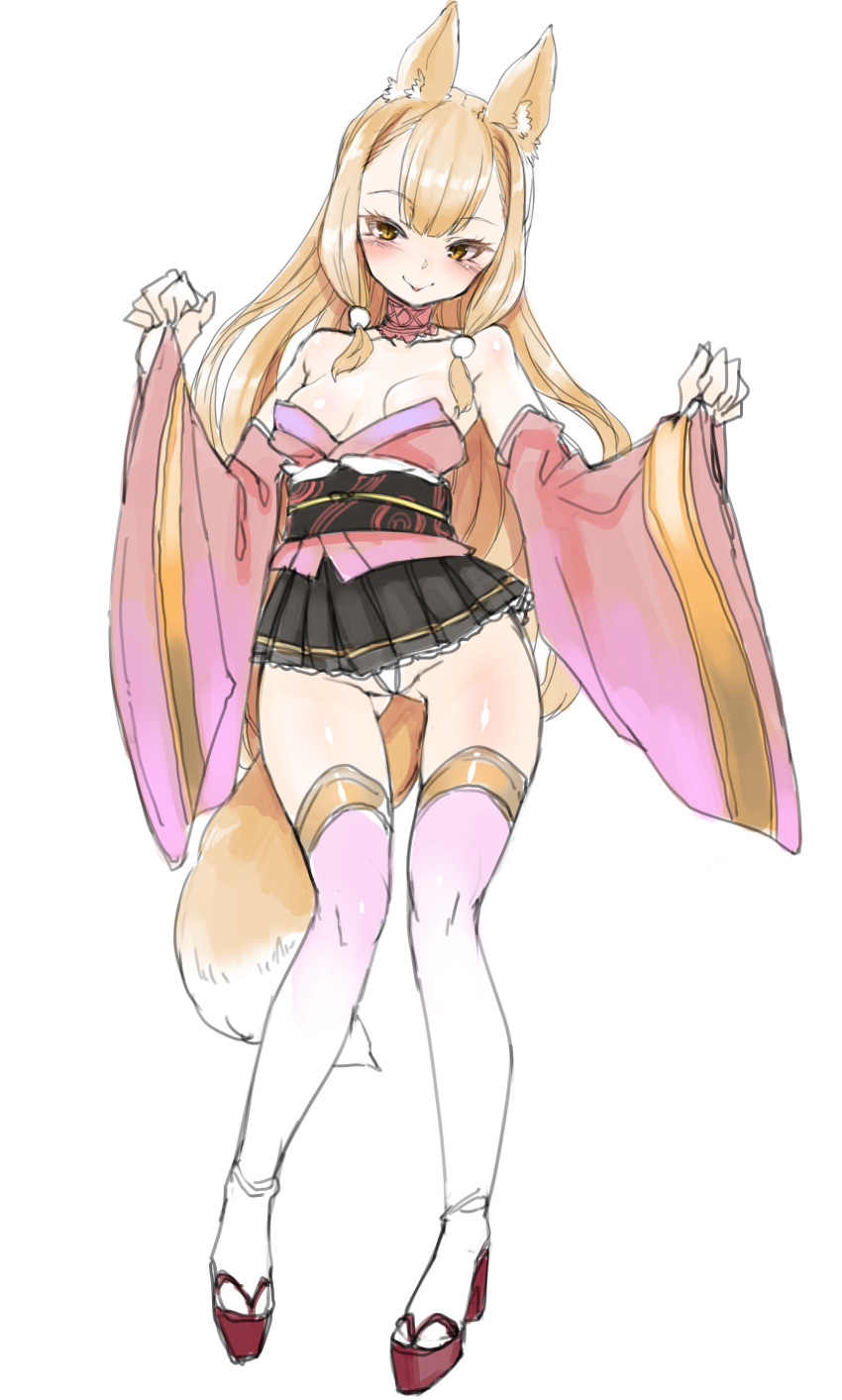 :p absurdres animal_ear_fluff animal_ears arms_up ass_visible_through_thighs bangs bare_shoulders beads blonde_hair blunt_bangs blush breasts breasts_apart cameltoe choker cleft_of_venus collarbone commentary_request detached_sleeves eyebrows_visible_through_hair fox_ears fox_tail full_body geta hair_beads hair_between_eyes hair_ornament harigane_shinshi highres japanese_clothes kimono kimono_skirt lace lace-trimmed_skirt micro_panties microskirt obi original panties parted_bangs pink_kimono pleated_skirt sandals sash sidelocks skirt small_breasts solo strapless tabi tail thigh_gap thighhighs tongue tongue_out underwear white_panties wide_sleeves yellow_eyes
