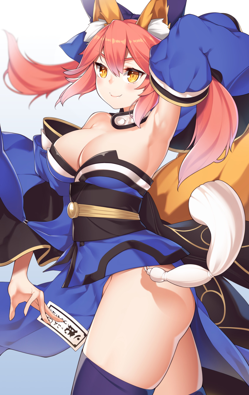 absurdres animal_ear_fluff animal_ears arm_up armpits bad_revision bangs bare_shoulders blue_background blue_bow blue_kimono bow breasts brown_eyes cleavage closed_mouth commentary_request detached_sleeves downscaled_revision eyebrows_visible_through_hair fang fang_out fate/extra fate_(series) fox_ears fox_girl fox_tail gradient gradient_background hair_between_eyes hair_bow highres holding japanese_clothes kimono long_hair long_sleeves looking_away md5_mismatch medium_breasts obi ofuda pelvic_curtain pink_hair ray-akila sash smile solo strapless tail tamamo_(fate)_(all) tamamo_no_mae_(fate) twintails v-shaped_eyebrows white_background wide_sleeves