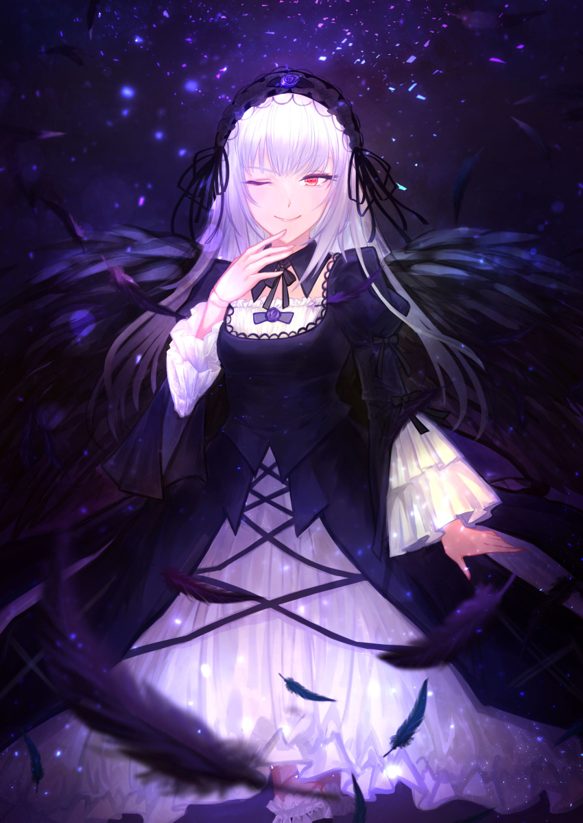 ;) absurdres arm_at_side bad_id bad_pixiv_id bangs black_dress black_hairband black_neckwear black_ribbon black_wings closed_mouth colored_eyelashes commentary dark_background detached_collar doll_joints dress feathered_wings feathers feet_out_of_frame flower frilled_sleeves frills glowing hairband hand_on_hip hekiyama_yurika highres lavender_hair layered_sleeves lens_flare lolita_hairband long_hair long_sleeves neck_ribbon one_eye_closed purple_flower purple_rose red_eyes ribbon rose rozen_maiden smile solo standing straight_hair suigintou wings