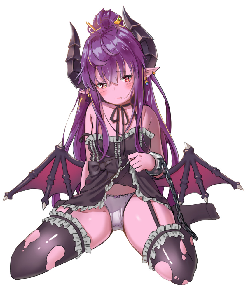 agnamore bangs black_dress black_legwear black_ribbon blush bow bow_panties breasts closed_mouth collarbone commentary dragon_girl dragon_horns dragon_wings dress dress_lift ear_piercing earrings eyebrows_visible_through_hair fang fang_out frilled_dress frilled_legwear frills full_body garter_straps hair_between_eyes head_tilt high_ponytail highres horns jewelry lifted_by_self long_hair low_wings neck_ribbon no_shoes original panties piercing pointy_ears purple_hair red_eyes red_wings ribbon simple_background sitting sleeveless sleeveless_dress small_breasts solo strap_slip thighhighs torn_clothes torn_legwear underwear very_long_hair wariza white_background white_panties wings