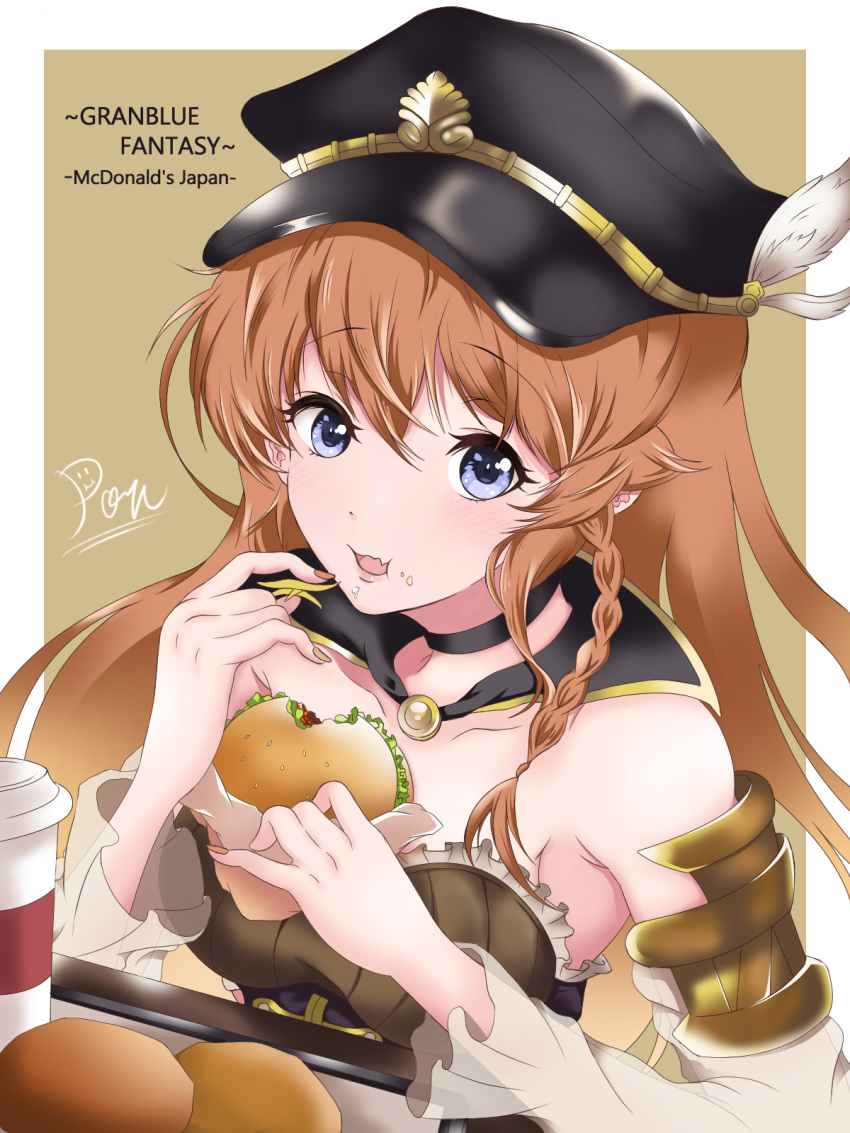 black_hat blue_eyes braid brown_hair brown_nails choker collarbone copyright_name detached_sleeves eating eyebrows_visible_through_hair floating_hair food granblue_fantasy hair_between_eyes hamburger hat hat_feather highres lecia_(granblue_fantasy) long_hair looking_at_viewer nail_polish open_mouth pon_(syugaminp) signature solo upper_body white_feathers white_sleeves
