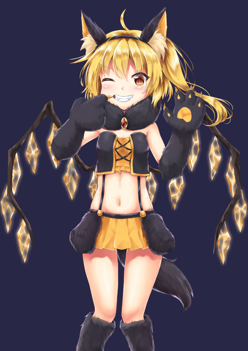 ;) absurdres ahoge akiteru98 alternate_costume animal_ear_fluff animal_ears bangs bare_shoulders black_footwear blonde_hair blue_background boots brooch cat_ears commentary cross-laced_clothes crystal eyebrows_visible_through_hair fake_animal_ears fake_tail fangs feet_out_of_frame flandre_scarlet fur_boots fur_collar fur_trim gloves grin groin hair_between_eyes hands_up highres jewelry long_hair miniskirt mouth_pull no_hat no_headwear one_eye_closed one_side_up orange_eyes orange_skirt paw_gloves paws pleated_skirt simple_background skirt smile solo standing strapless suspenders tail thighs touhou tubetop v-shaped_eyebrows wings