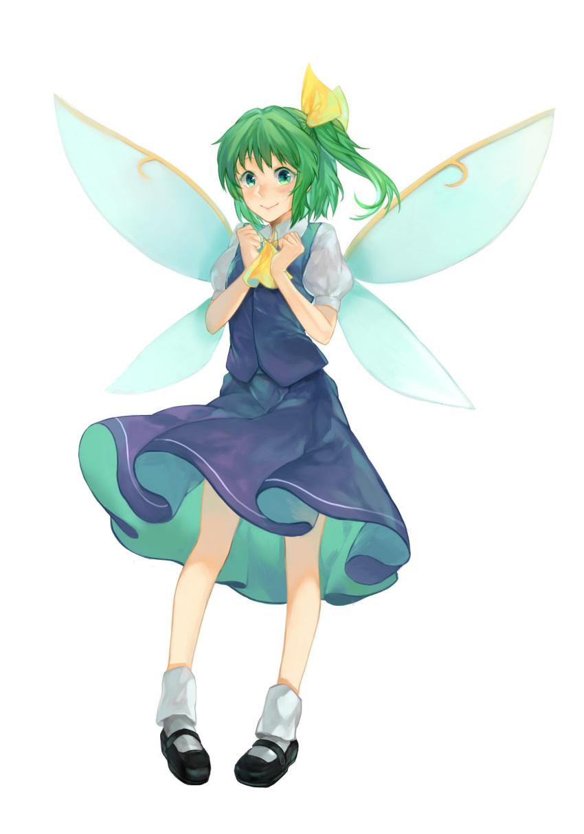 ascot bangs black_footwear blue_skirt blue_vest blush bobby_socks clenched_hands closed_mouth collared_shirt commentary daiyousei fairy_wings full_body green_eyes green_hair hair_ribbon highres looking_at_viewer mary_janes medium_hair one_side_up pigeon-toed puffy_short_sleeves puffy_sleeves ribbon shidaccc shirt shoes short_sleeves simple_background skirt skirt_set smile socks solo standing touhou vest white_background wings yellow_neckwear yellow_ribbon