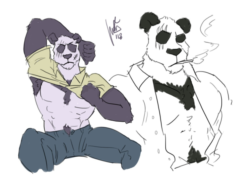 anthro avielsusej bear beastars body_hair chest_hair cigarette clothed clothing gouhin happy_trail male mammal muscular muscular_male panda scar smoking solo