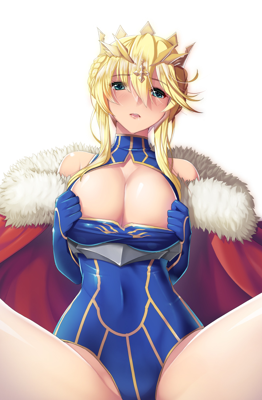 absurdres artoria_pendragon_(all) artoria_pendragon_(lancer) bangs bare_shoulders blonde_hair blue_gloves blue_leotard blush breasts cape cleavage cleavage_cutout covered_navel crown elbow_gloves eyebrows_visible_through_hair fate/grand_order fate_(series) fur-trimmed_cape fur_trim gloves green_eyes groin hair_between_eyes head_tilt highres koflif large_breasts leotard long_hair md5_mismatch parted_lips red_cape round_teeth sidelocks simple_background sitting solo spread_legs teeth upper_teeth white_background
