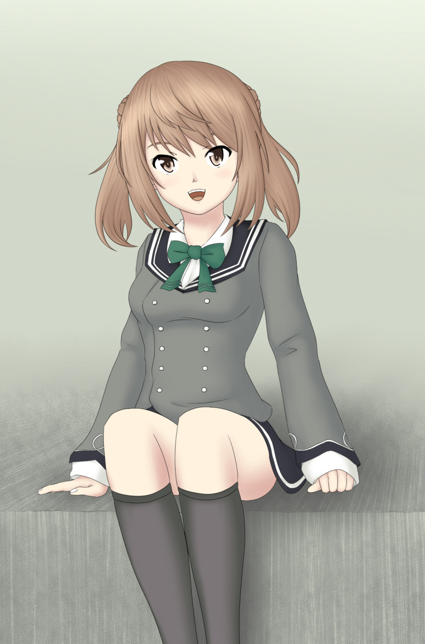 ascot black_legwear breasts commentary_request double_bun dress grey_background grey_jacket hair_bun hair_flaps highres jacket kantai_collection kneehighs light_brown_hair long_sleeves looking_at_viewer michishio_(kantai_collection) open_mouth pinafore_dress remodel_(kantai_collection) shirt short_twintails simple_background sitting small_breasts smile solo twintails white_shirt yellow_eyes yuzuzen