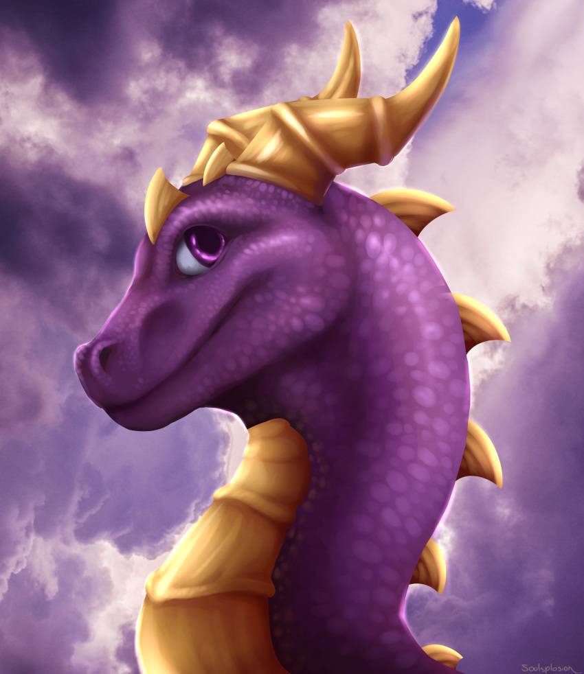 2018 absurd_res day digital_media_(artwork) dragon feral hi_res horn male outside purple_eyes purple_scales scales scalie sky solo soulsplosion spines spyro spyro_the_dragon video_games western_dragon