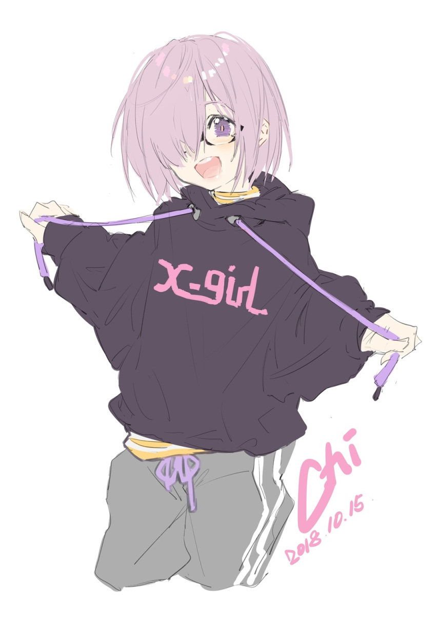 :d alternate_costume bangs black-framed_eyewear black_hoodie commentary_request cowboy_shot dated drawstring fate/grand_order fate_(series) glasses grey_pants hair_over_one_eye head_tilt highres holding hood hood_down hoodie long_sleeves looking_at_viewer mash_kyrielight open_mouth pants pink_hair purple_eyes round_teeth signature simple_background sketch smile solo sweatpants teeth upper_teeth white_background xiao_chichi