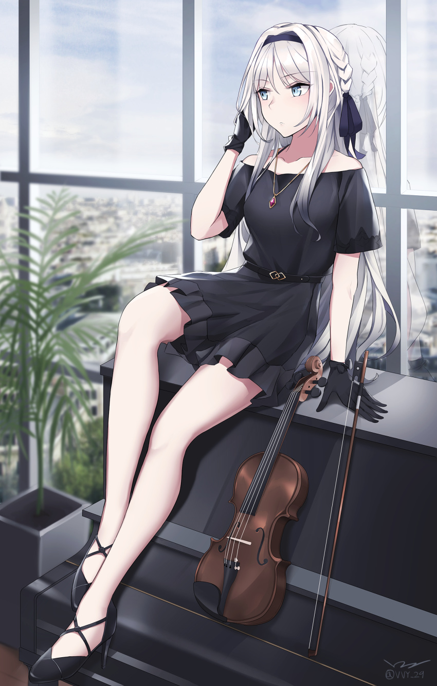 an-94_(girls_frontline) arm_at_side bangs bare_legs bare_shoulders belt black_dress black_footwear black_gloves black_hairband black_ribbon blue_eyes blush braid cityscape closed_mouth cloud cloudy_sky collarbone commentary day dress eyebrows_visible_through_hair full_body girls_frontline gloves hair_ribbon hairband hand_in_hair hand_up high_heels highres indoors instrument knee_up long_hair looking_away looking_to_the_side off-shoulder_dress off_shoulder parted_bangs piano plant potted_plant reflection ribbon shiny shiny_hair short_sleeves side_braid signature sitting sky solo twitter_username violin vvy white_hair window