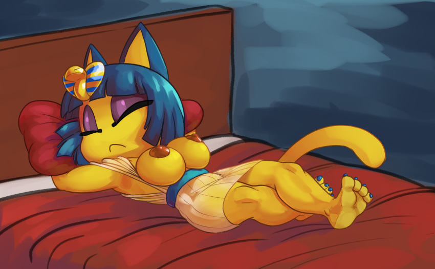 2018 animal_crossing ankha_(animal_crossing) anthro areola bed big_breasts blue_hair breasts cat clothing colored_nails egyptian exposed_breasts eyeshadow feet feline female fur hair hi_res lying makeup mammal nintendo nipples on_back on_bed siroc sleeping solo video_games yellow_fur