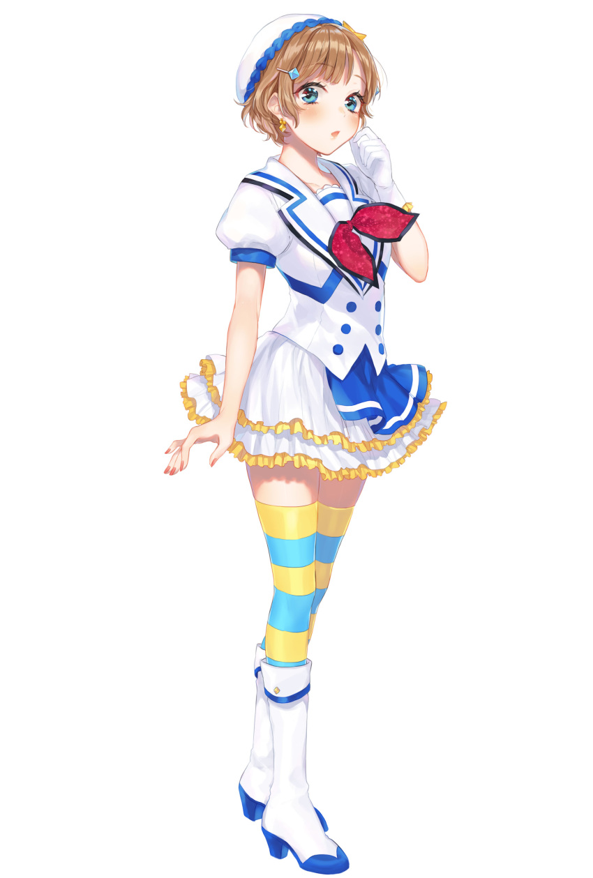 absurdres aozora_jumping_heart asymmetrical_gloves blue_eyes boots bow brown_hair eyebrows_visible_through_hair frilled_gloves frilled_skirt frills full_body gloves hair_ornament hat highres idol knee_boots layered_skirt looking_at_viewer love_live! love_live!_sunshine!! miniskirt nail_polish original red_bow red_nails shiny shiny_hair shirt short_hair short_sleeves simple_background single_glove skirt solo standing striped striped_legwear sudach_koppe thighhighs whip white_footwear white_gloves white_hat white_shirt white_skirt zettai_ryouiki